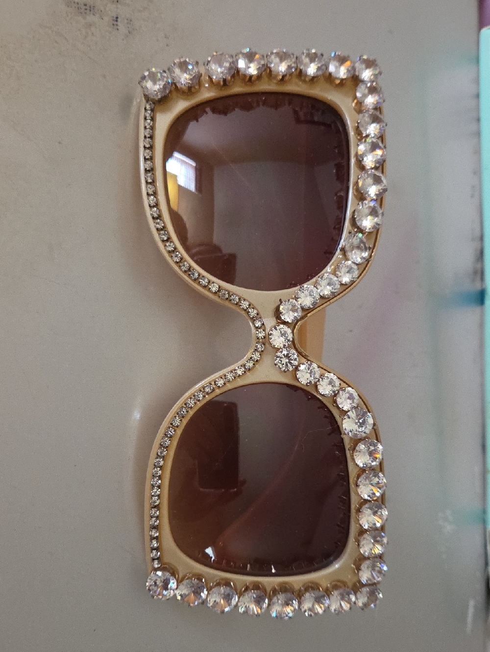 Crystal-Trim Beige Statement Sunglasses